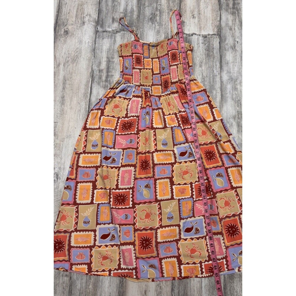 Mediterranean Coastal Smocked Midi Sundress Citrus Sun Novelty Print Dress S - Picture 11 of 11